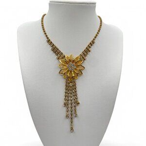 Vintage French Rhinestone Gold-Tone Sunflower Necklace with Glittery Drop